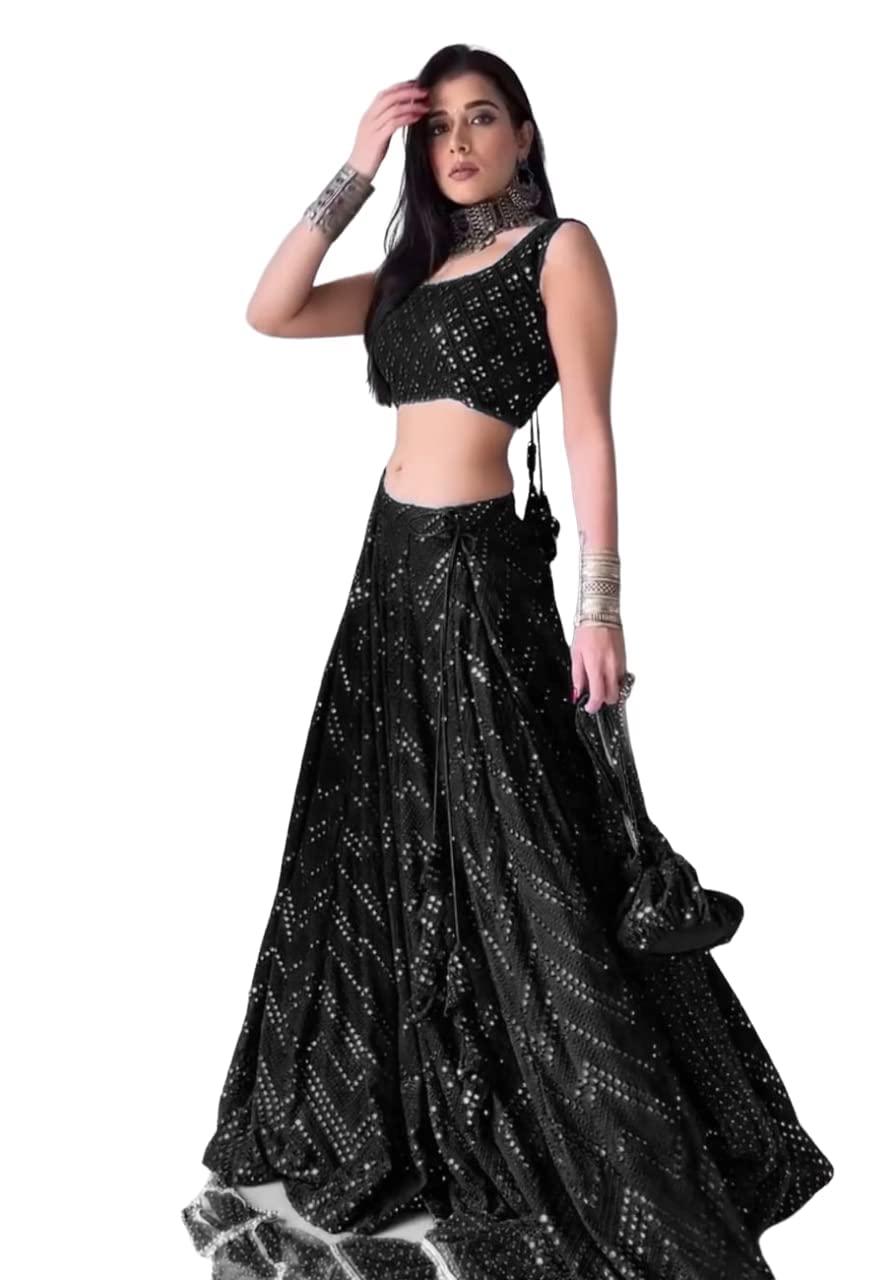 nplash fashion Women's Georgette Semi-Stitched Lehenga Choli Set, Black with Sequin Embroidery-picture-46