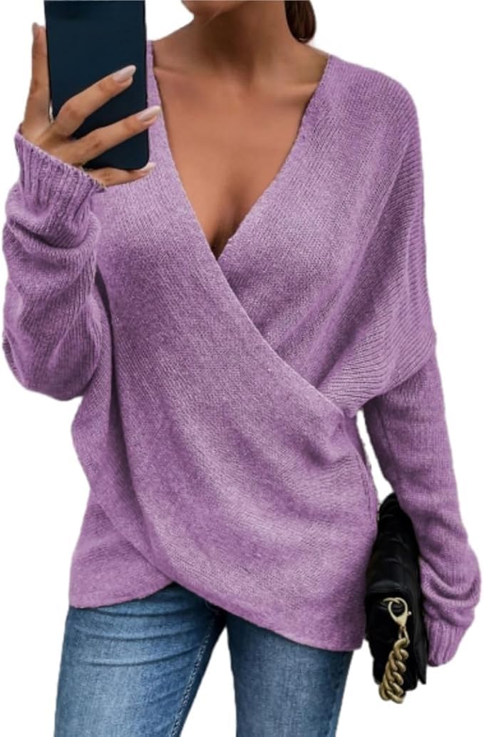Women's V-Neck Crisscross Sweater Oversized Long Sleeve Cross Wrap Knit Pullover Top Fall Fashion Cute Sweaters