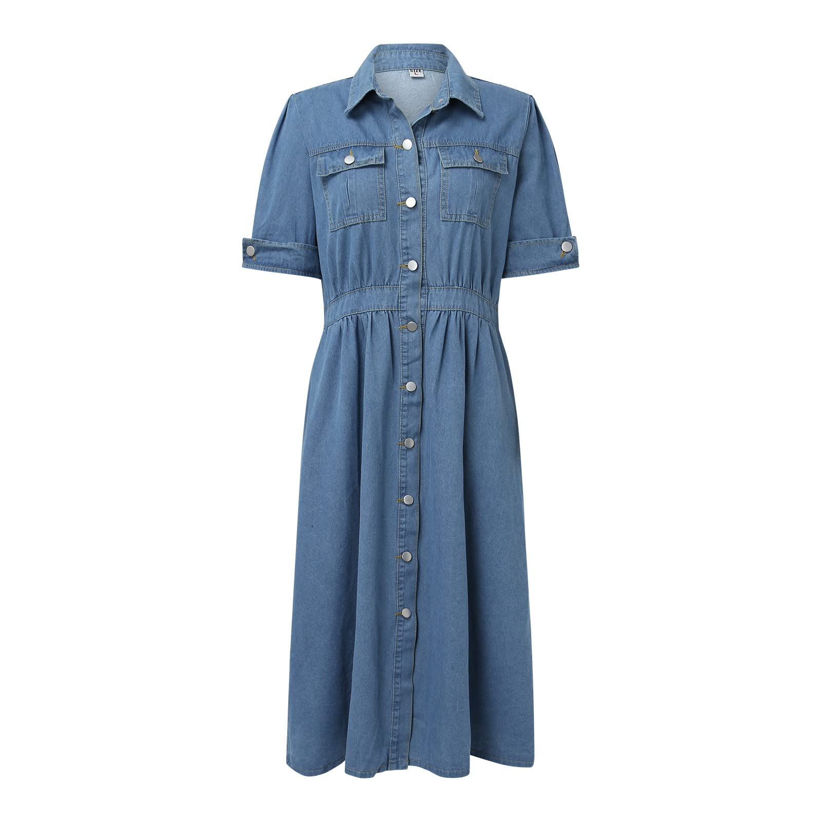 Abito in jeans da donna, lunghezza al ginocchio, a maniche corte, con bottoni, jeans, abito estivo, elegante, scollo a V, casual, da donna, elegante, in denim, con tasche