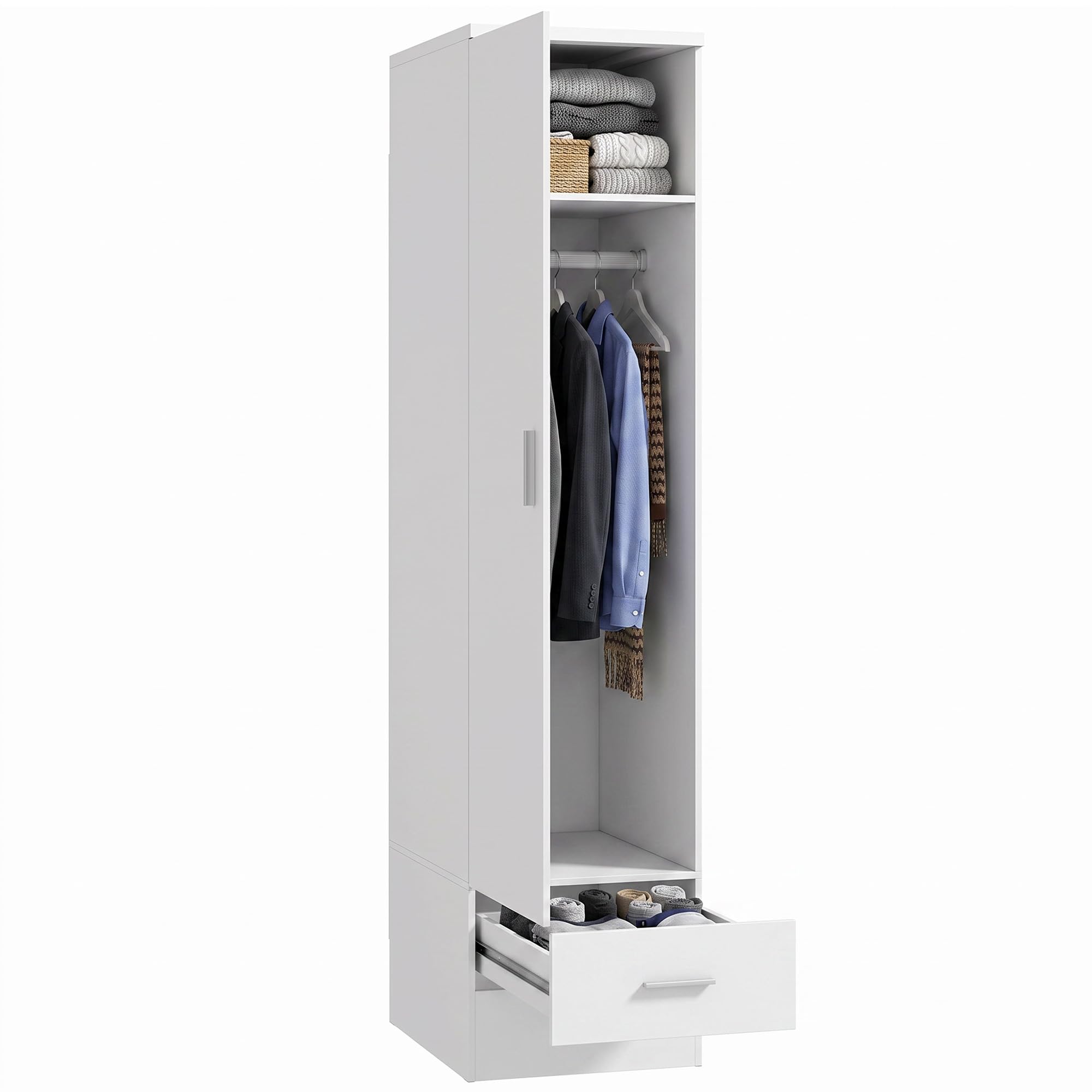 HOMCOM Armario Dormitorio Moderno, Armario Ropero 40x52x170 cm Blanco | Barra para Colgar, Cajón, Estante Superior