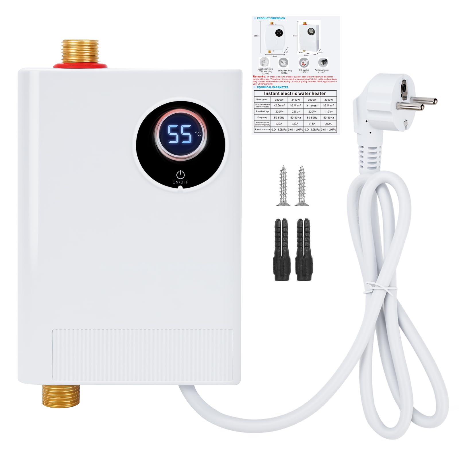 Mini Durchlauferhitzer, 3800W 220V Elektrische Warmwasserbereiter Druckfester Untertischspeicher mit LCD-Temperaturanzeige, Elektronisch Geregelter Durchlauferhitzer für Dusche, Badezimmer, Küche