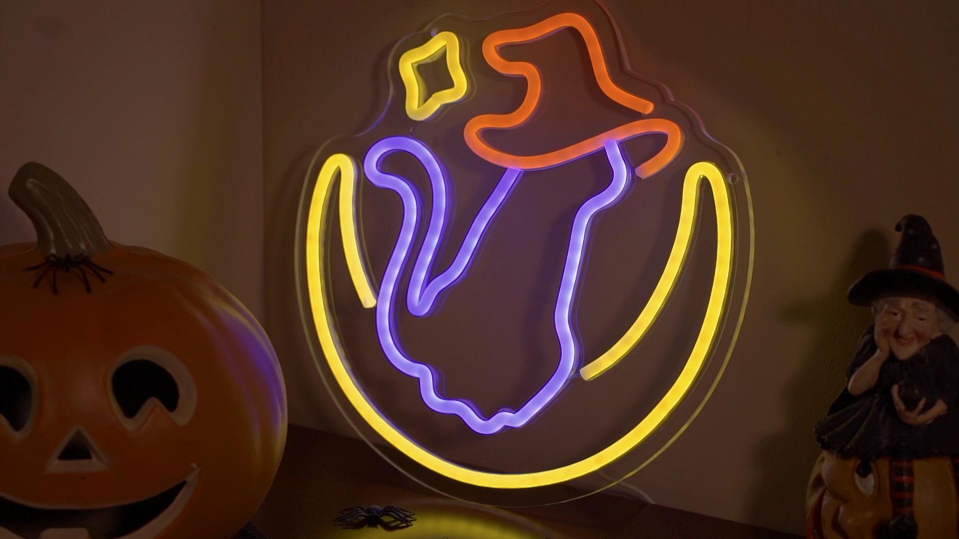 Ghost Neon Sign For Wall Decor Dimmable USB Powered Pumpkin Led Light Sign Halloween Ghost Neon Light For Halloween Party Game Room Neon Decor (Yellow White - View #12