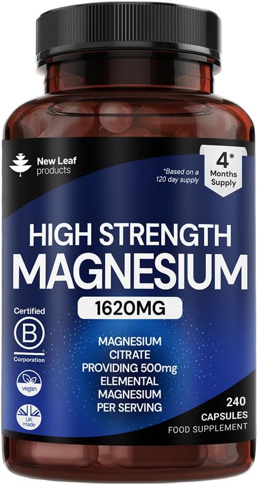 Magnesium Citrate Capsules 1620mg - 240 Fill - Super Strength Supplements - with 500mg Elemental Vegan Magnesium - Not Tablets or Gummies - Muscle & Sleep Support (Four Months Supply)