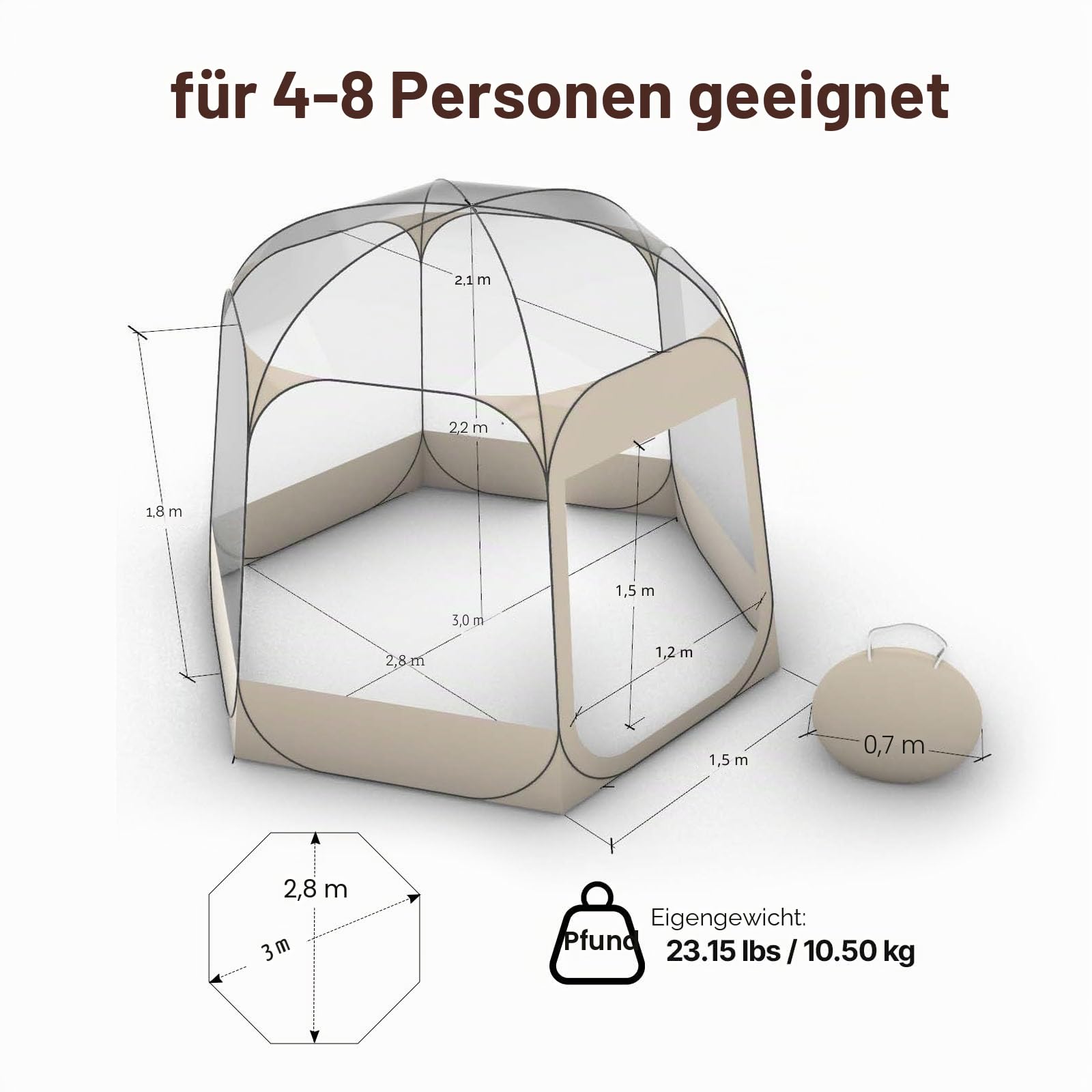 VEVOR Pop-up-Bubble-Zelt, 305 x 275 x 220 cm, transparentes Campingzelt, Garten-Kuppel-Iglu-Zelt mit Fenstern, Sportzelt, 540°-Panoramablick, für 4–8 Personen, Terrasse, Hinterhof