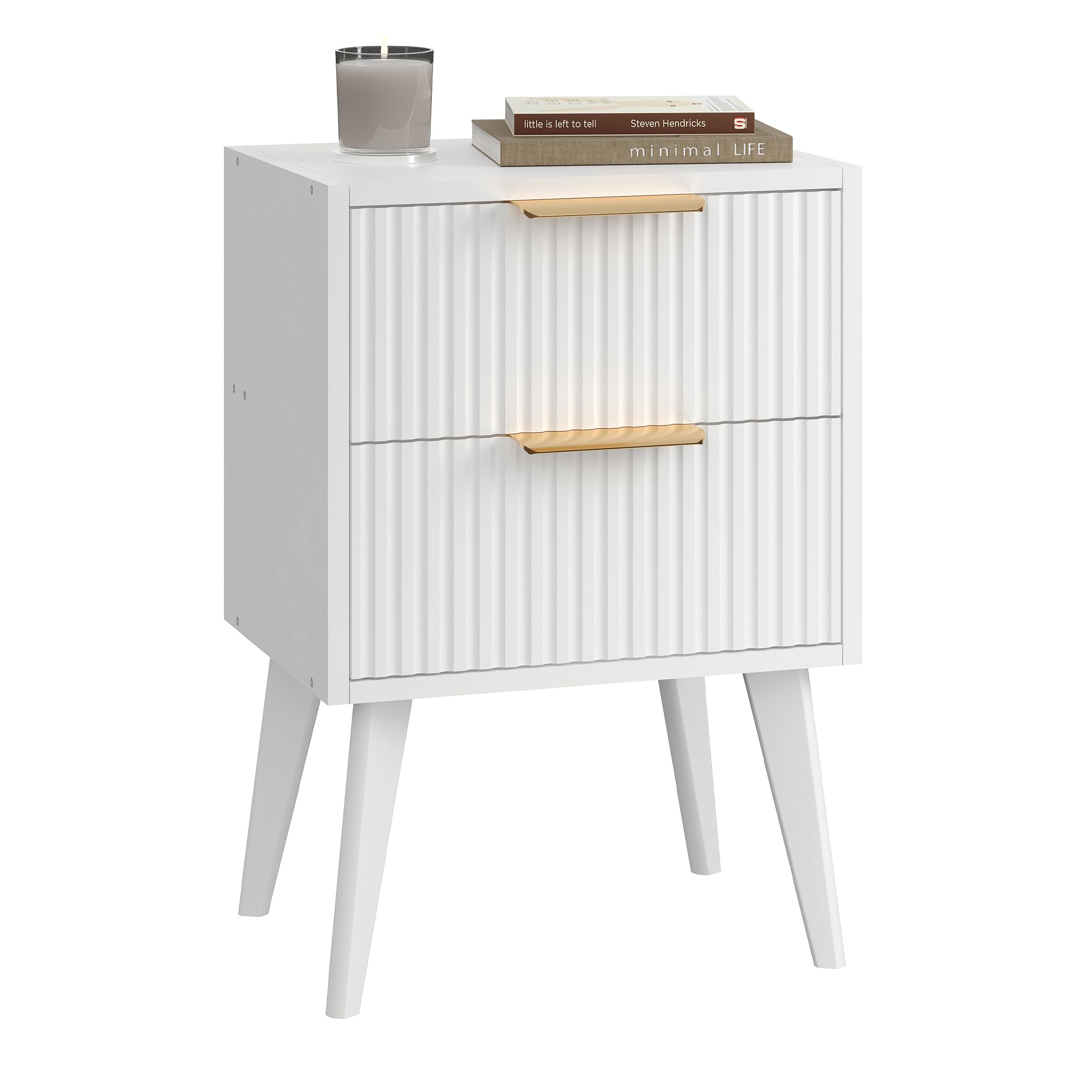 YAUKOMEL Fluted Nightstand with 2 Drawers,Modern Bedside Table with Metal Handles,White Side Table with Solid Wood Legs,Mid Century End Table for Living Room,Bedroom,White CTG55W