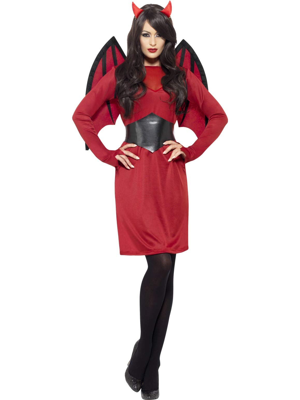 Smiffys Economy Devil Costume, Red with Dress, Wings, Belt & Horns, Halloween Adult Fancy Dress, Devil Dress Up Costumes