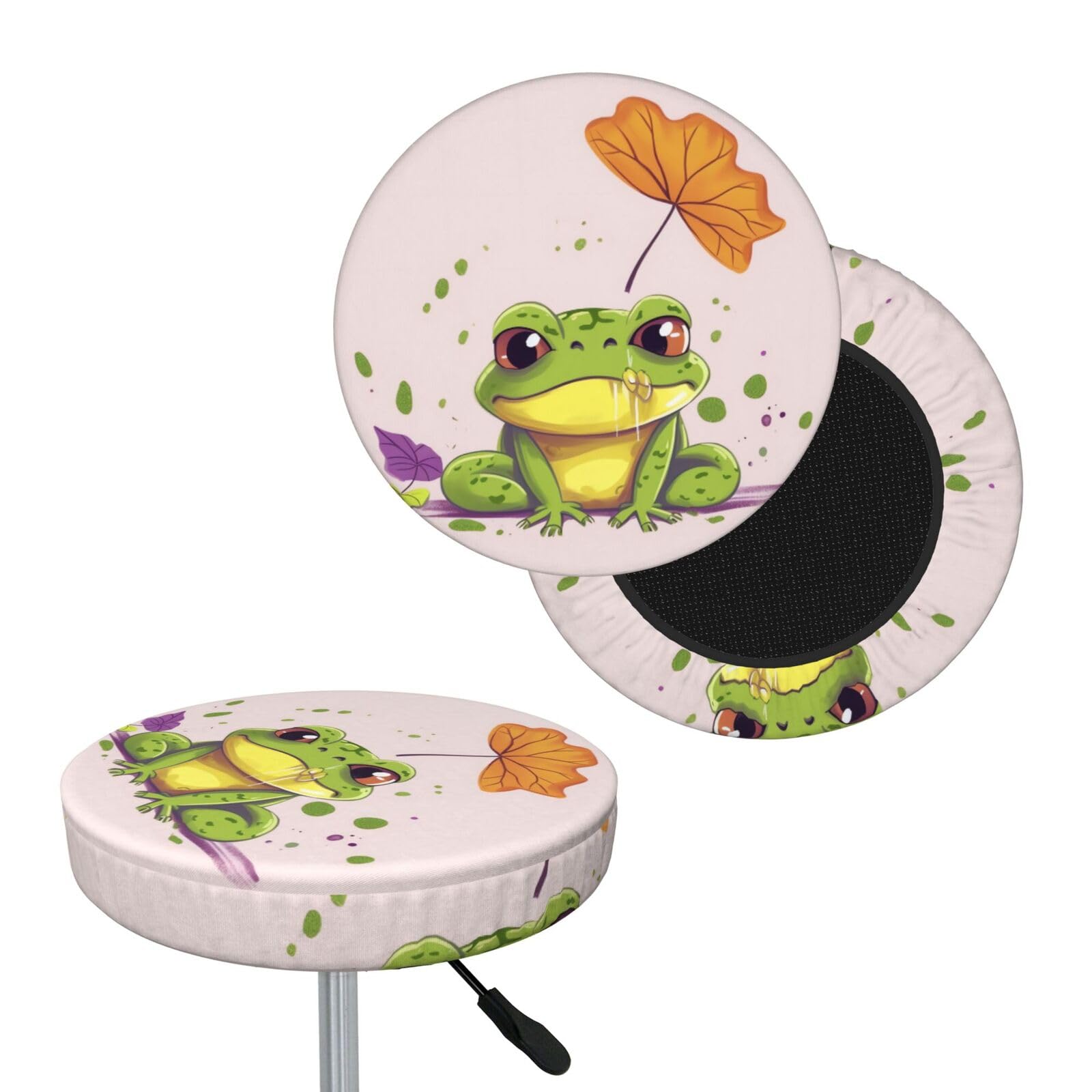 NONHAI Leaves and Frog Bar Stool Cover Round Elastic Stool Cushion Covers Dustproof Bar Chair Cover Washable Stool Cushion Slipcover Stretch Stool Seat Covers for 12-14 Inch Chair