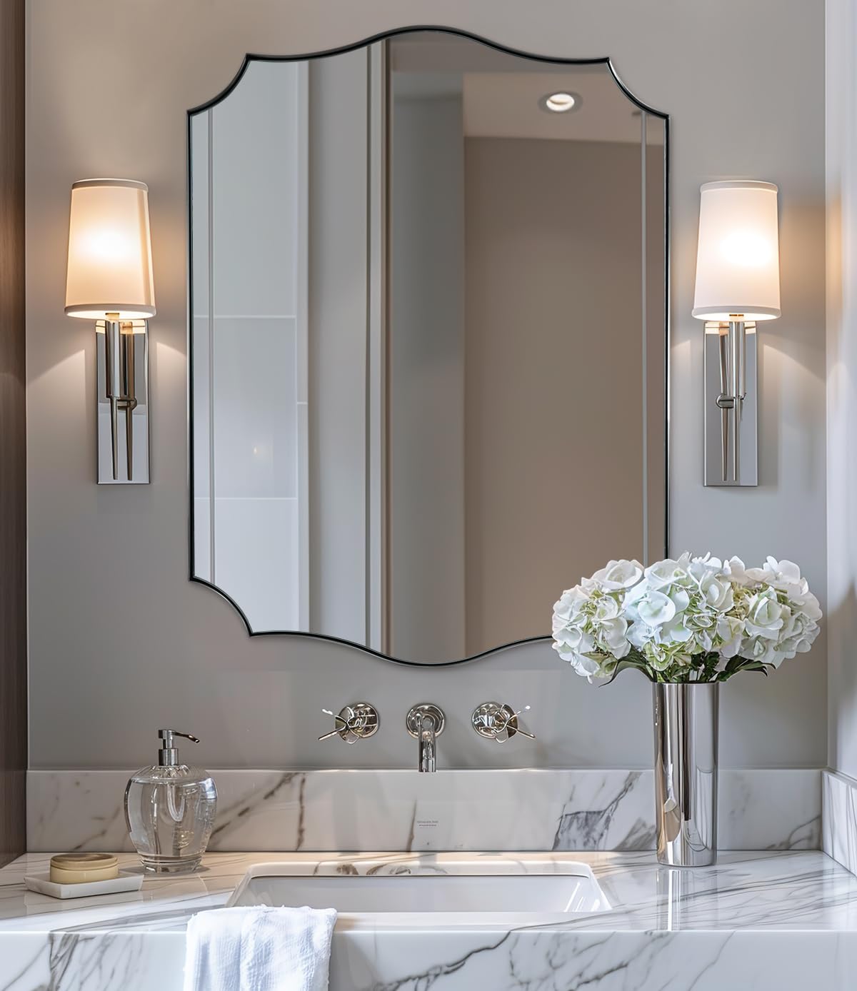 andy star chrome bathroom mirror, 22x30 inch polished nickel vanity mirror, modern scalloped mirror for bathroom with anti-rust stainless steel frame, hangs vertical or horizontal