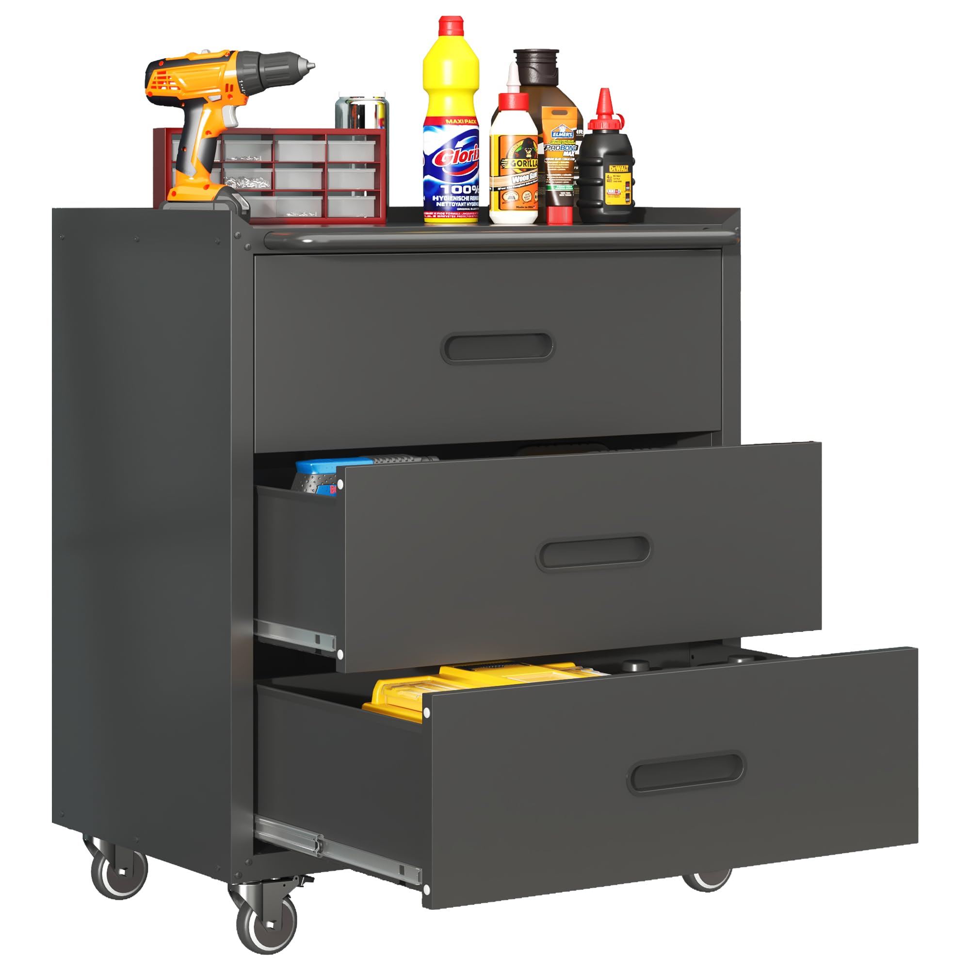 Heavy-Duty Metal Storage Cabinet with Wheels: 3 Drawer Tool Organizer, Home Garage Office Solutions, Black/Gray