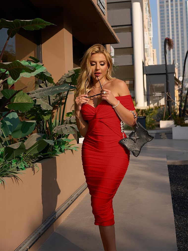 BEAGIMEG Women's Sexy Elegant Bodycon Sleeveless Ruched Off Shoulder Night Party Cocktail Midi Dress - Image 7