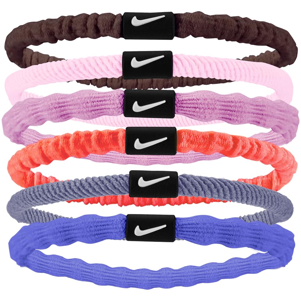 Nike Flex Hair Tie Pack of 6 Hair Bands Running Fitness Training Sport Hairband Set, Tattoo/Pink Foam/White, One Size