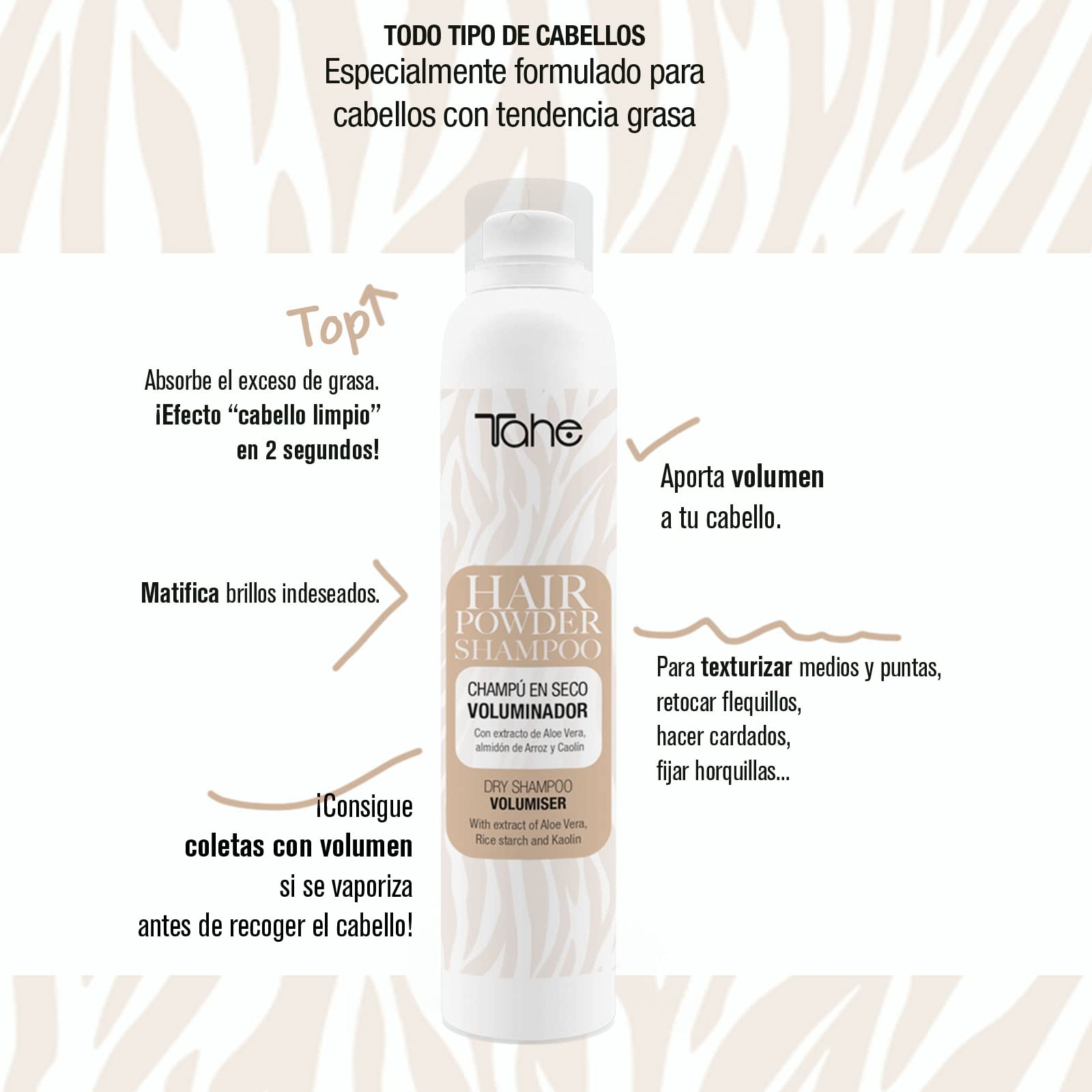 Tahe Hair Spray Champú en seco Voluminador del cabello que limpia, refresca y da volumen, 200 ml