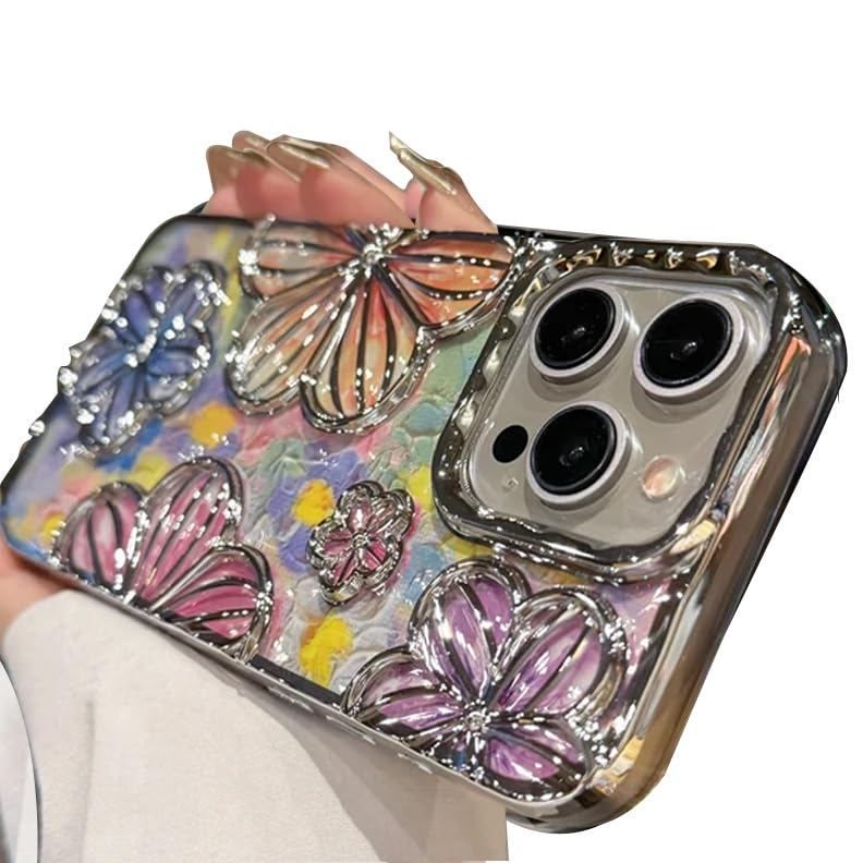 Image of mobistyle Designed for iPhone 14 Plus Cover| Electroplating Bling Colourful Floral 3D TPU Camera Protection Back Cover Case for Girls & Women (Silver Electroplating Flowers)