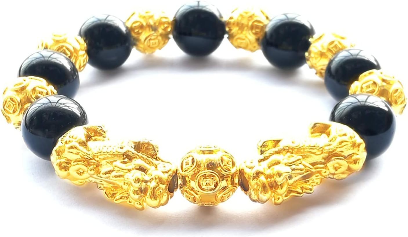 Homelavie Feng Shui 12mm Black Obsidian/Mantra Bead Bracelet with Double Golden Pi Xiu/Pi Yao and Copper Coins Bead Lucky Wealthy Amulet Brecelet