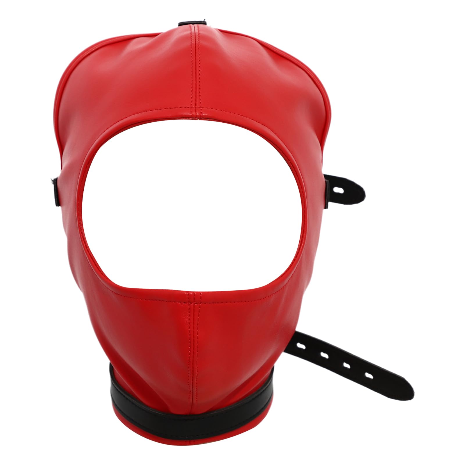 Aislor Leather Full Face Mask Gothic Prom Masquerade Holes Head Cover Adjustable Hood Hollow Out Headgear For Party Red with Eyes Hole One Size
