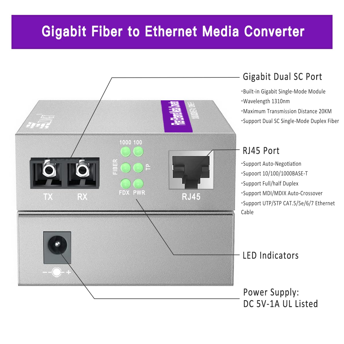 Une paire de convertisseurs Gigabit SC vers RJ45, convertisseur de média fibre vers Ethernet monomode (module intégré, 1310 nm, 20 km), Plug & Play, compatible 10/100/1000 BASE-T,