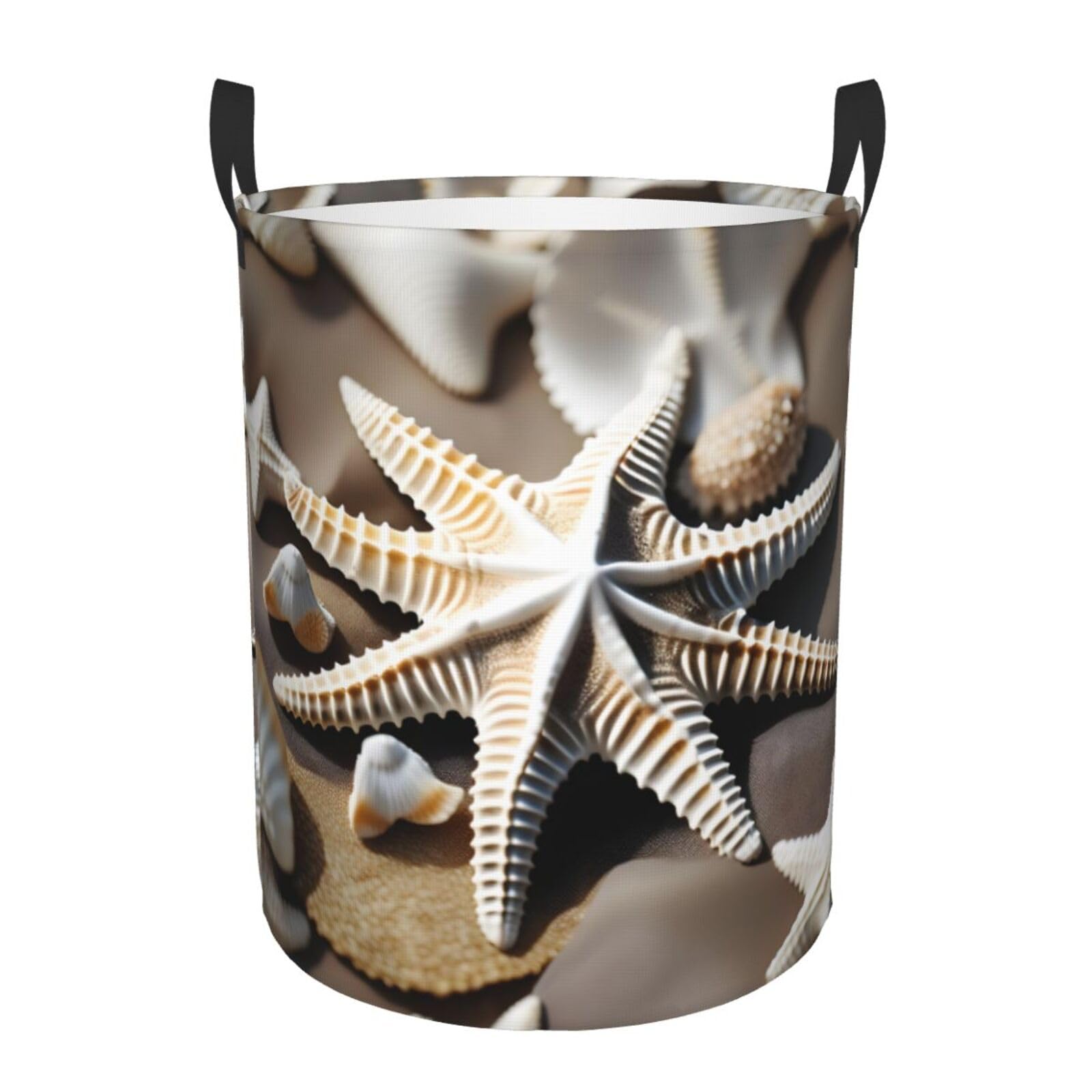 S Collapsible Round Beach Seashell Starfish Print Laundry Hamper