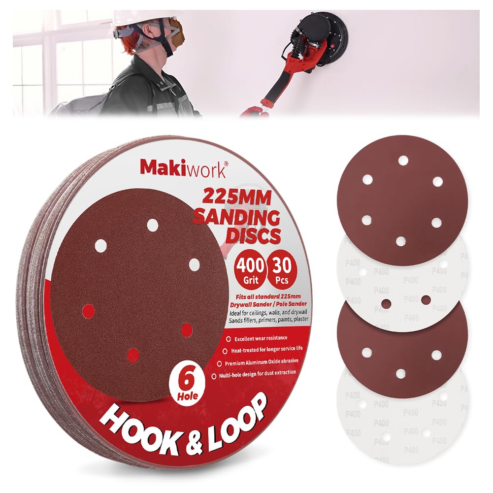 Makiwork 30PCS 225mm 6-Hole 400 Grit Hook & Loop Sanding Discs – Heavy-Duty Aluminum Oxide Sandpaper for Drywall Sander, Paint Removal, Wood & Metal Surface Prep