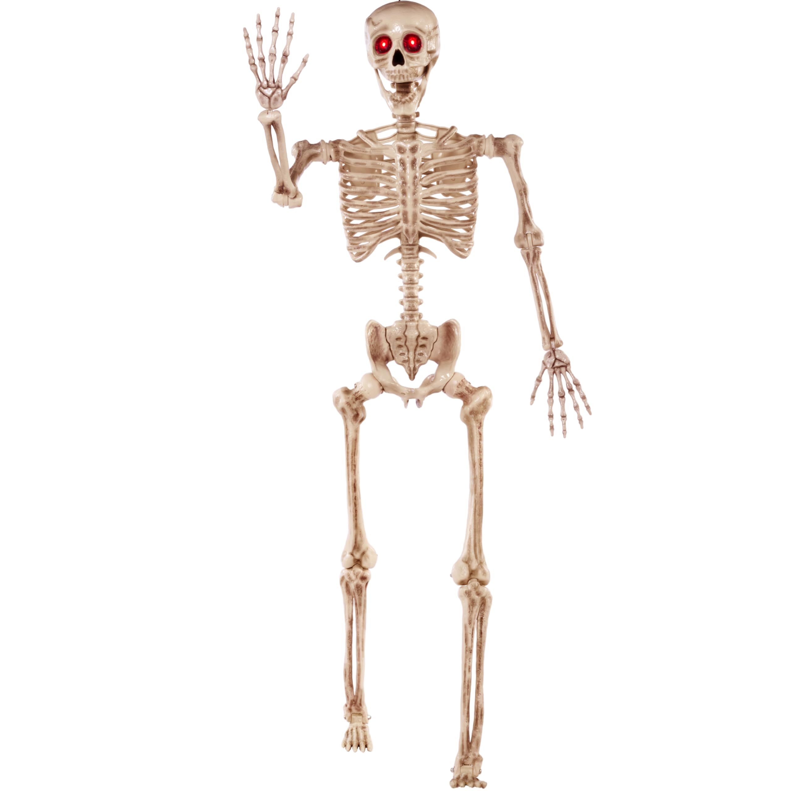 JOYIN 5.6 FT Halloween LED PosableSkeleton Full Body Realistic Bones with Red Light Eyes and Movable Joints for Halloween Indoor and Outdoor Decoration