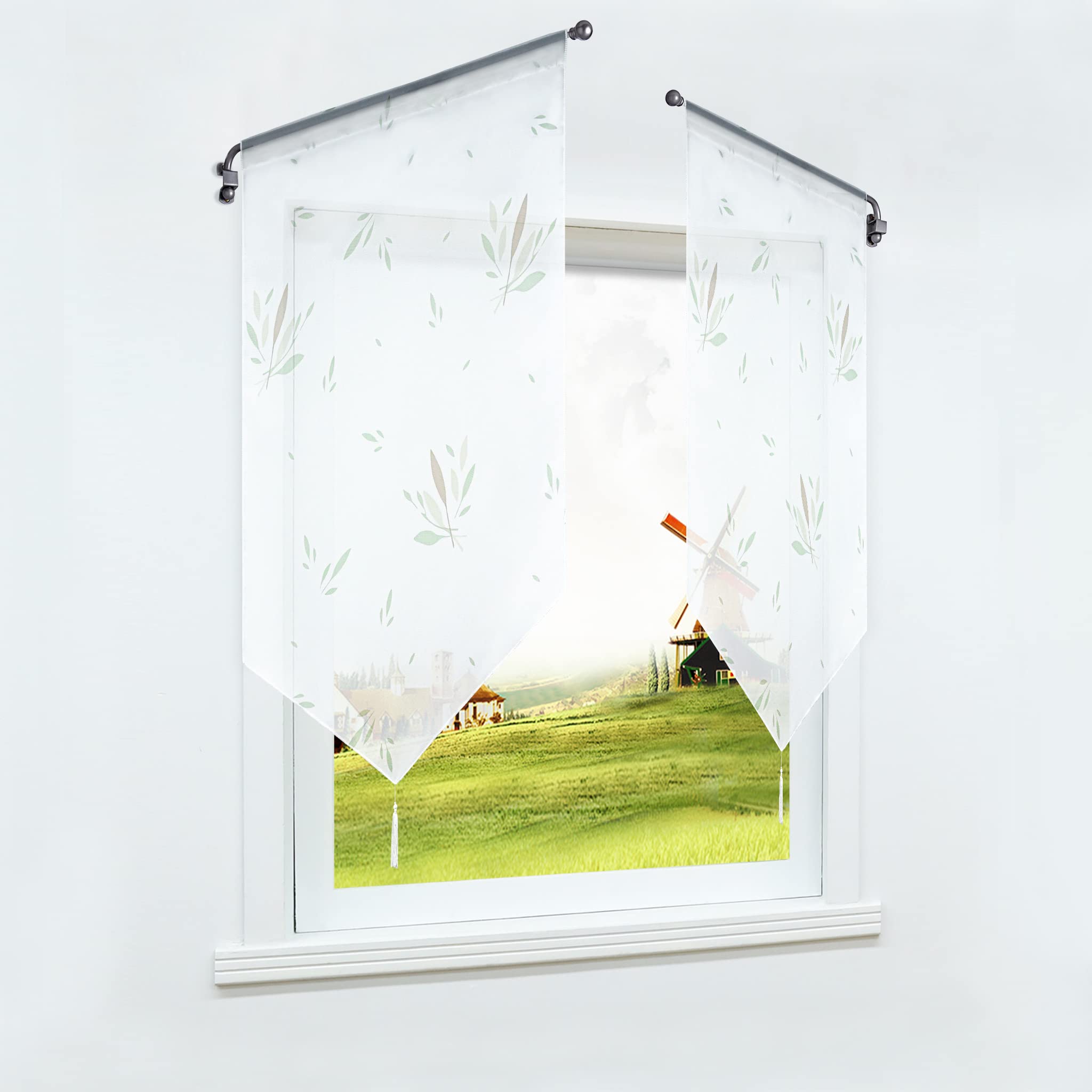 Amazon.de: CORLIF Scheibengardine mit Tunnelzug Voile Transparente  Bistrogardinen mit Quaste Panneaux Fenster Gardinen Kurzstores  Bambus-Blatt-Muster ...
