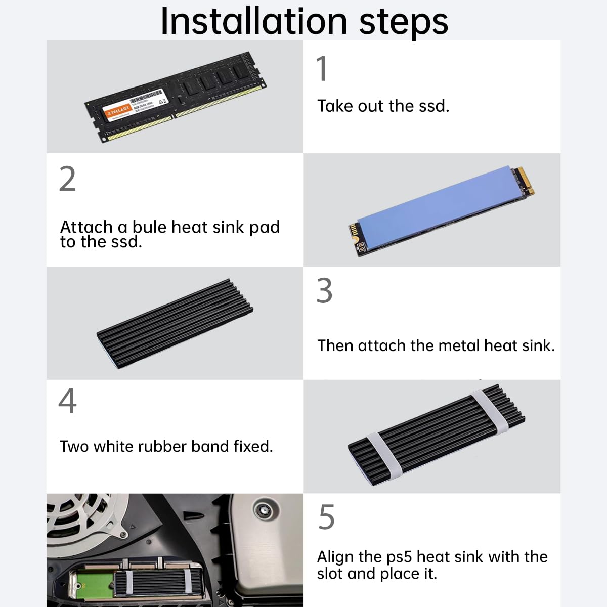 M.2 SSD Heatsink,2PCS 2280 SSD Heat Sink with NVMe Thermal Pad NVMe Heat Sink with 4 Black Rubber Straps for PC/PS5 M.2 PCIE NVMe SSD