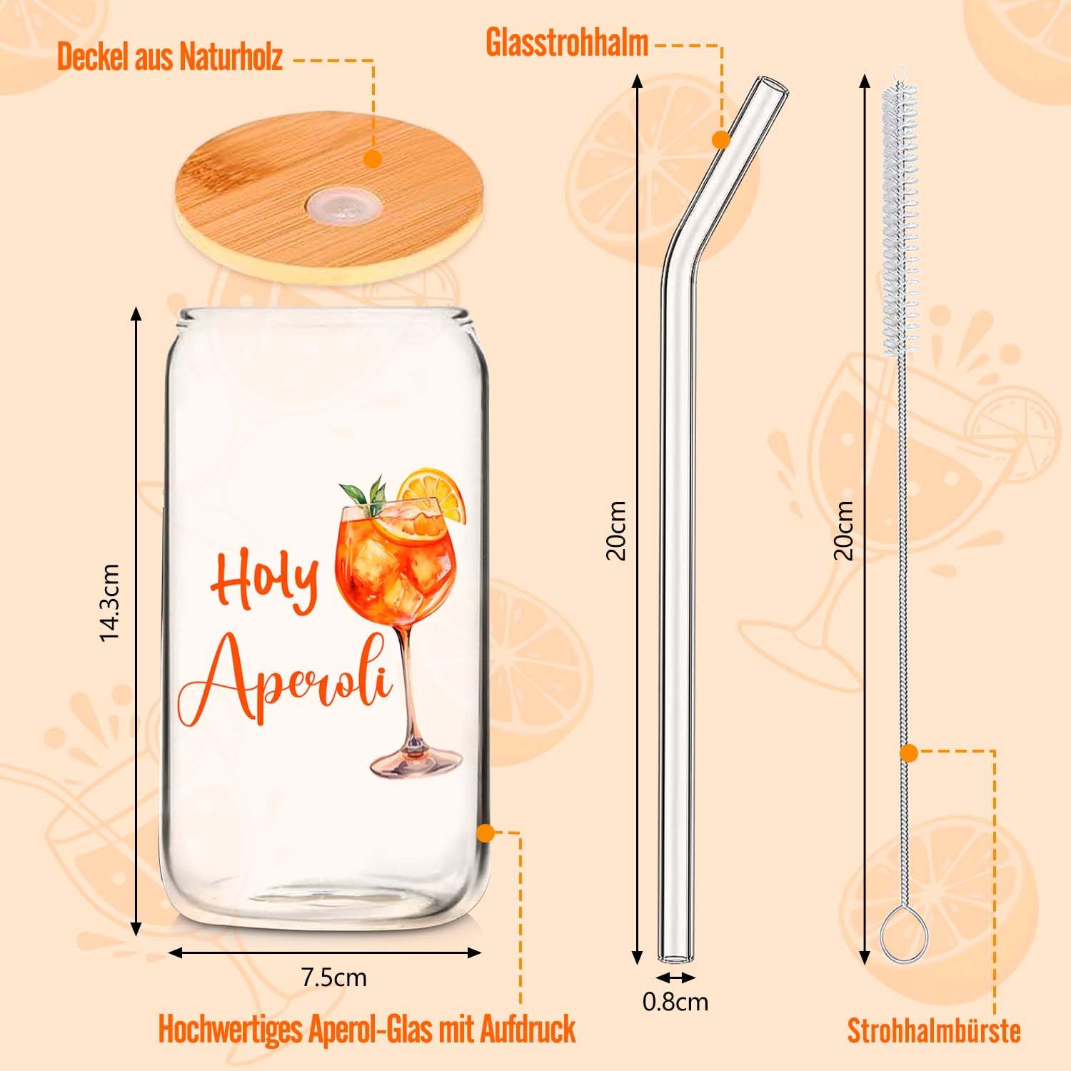 Aperol Spritz Bicchieri in vetro con coperchio, cannuccia Aperol Spritz accessori, regalo per donna Aperol Spritz