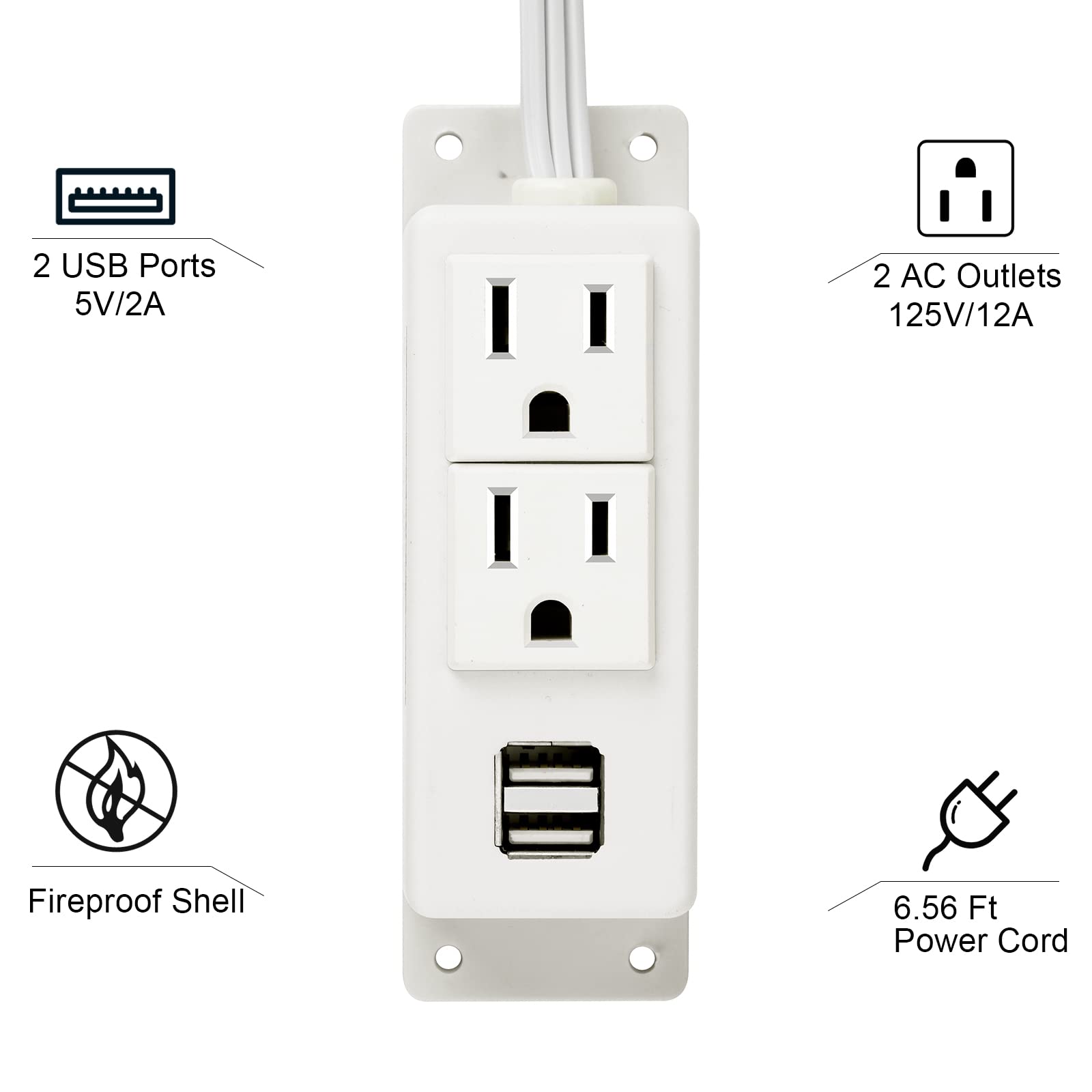 Power Strip with USB, BTU Wall Mount Power Outlet with 2 AC Outlets, 2 USB Ports, 6.56ft Extension Cord, Mountable Under Desk, Workbench, Nightstand, Dresser, Table, White