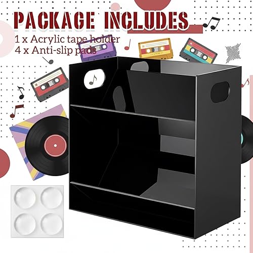 Miniatura 6 de Kathfly Soporte de cinta de casete de acrílico transparente moderno de 2 niveles para cinta de audio retro, estante de almacenamiento con asas