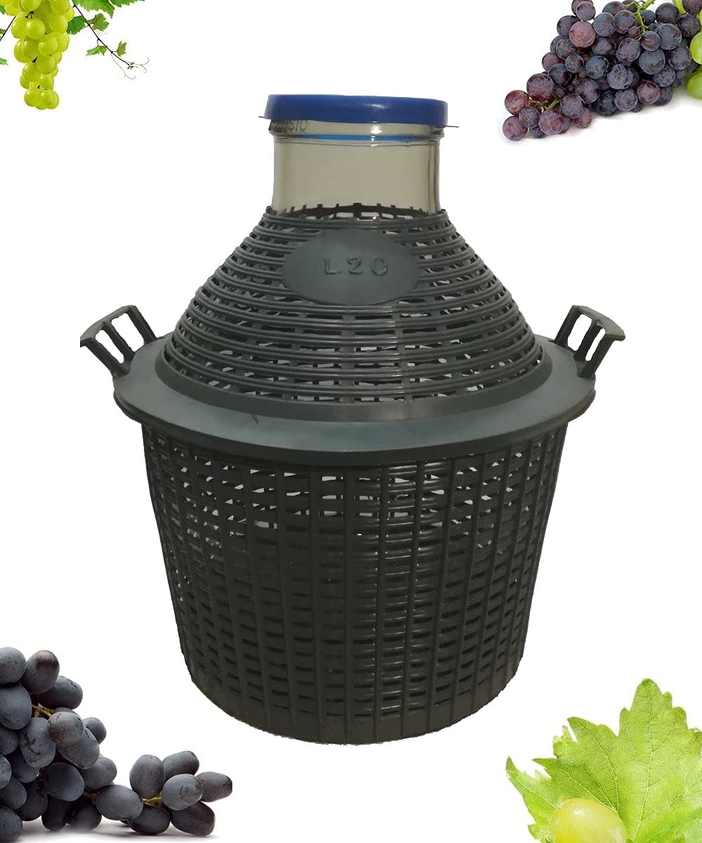 Damigiana Litri 20 Bocca Larga con Cesto plastica Completa di Tappo