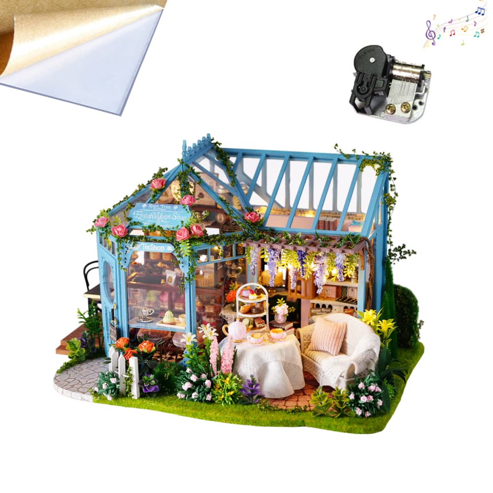 Maison de poupée miniature en bois à monter soi-même - Mini serre avec LED - Cadeau d'anniversaire pour garçons et filles (maison de thé)