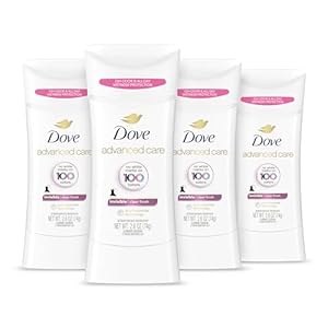 Dove Advanced Care Antiperspirant Deodorant Stick Clear Finish 4 Count deodorant that doesn’t stain clothes 72-hour odor control and all-day sweat protection with Pro-Ceramide Technology 2.6 oz