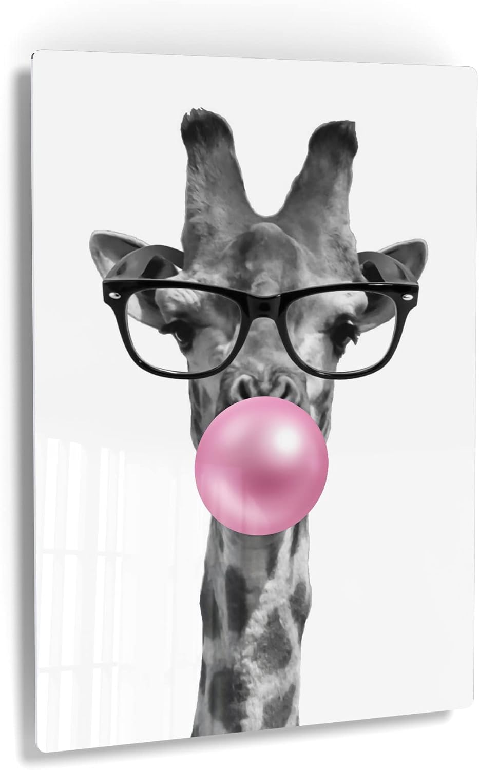 Smile Art Design Cute Giraffe with Glasses Animal Bubble Gum Art Pink METAL PRINT Metal Wall Art Black and White Pop Art Living Room Kids Room Decor Nursery Decor Ready to Hang Made in USA - 12x8