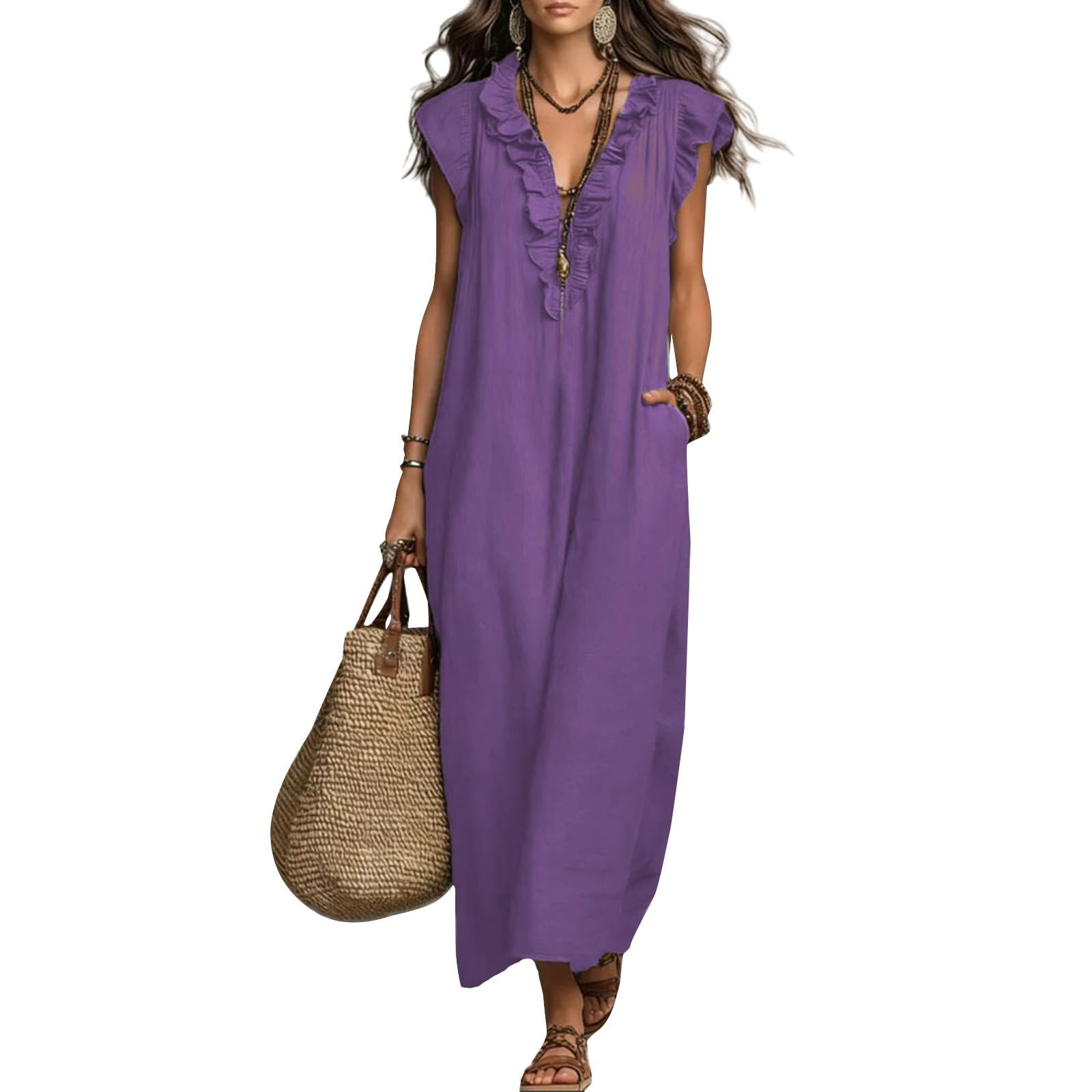 Robe sans manches – Robe longue d'été pour femme, col en V, couleur unie, plissée, épaules à volants, robe fraîche et respirante, robe décontractée, style bohème pour les vacances