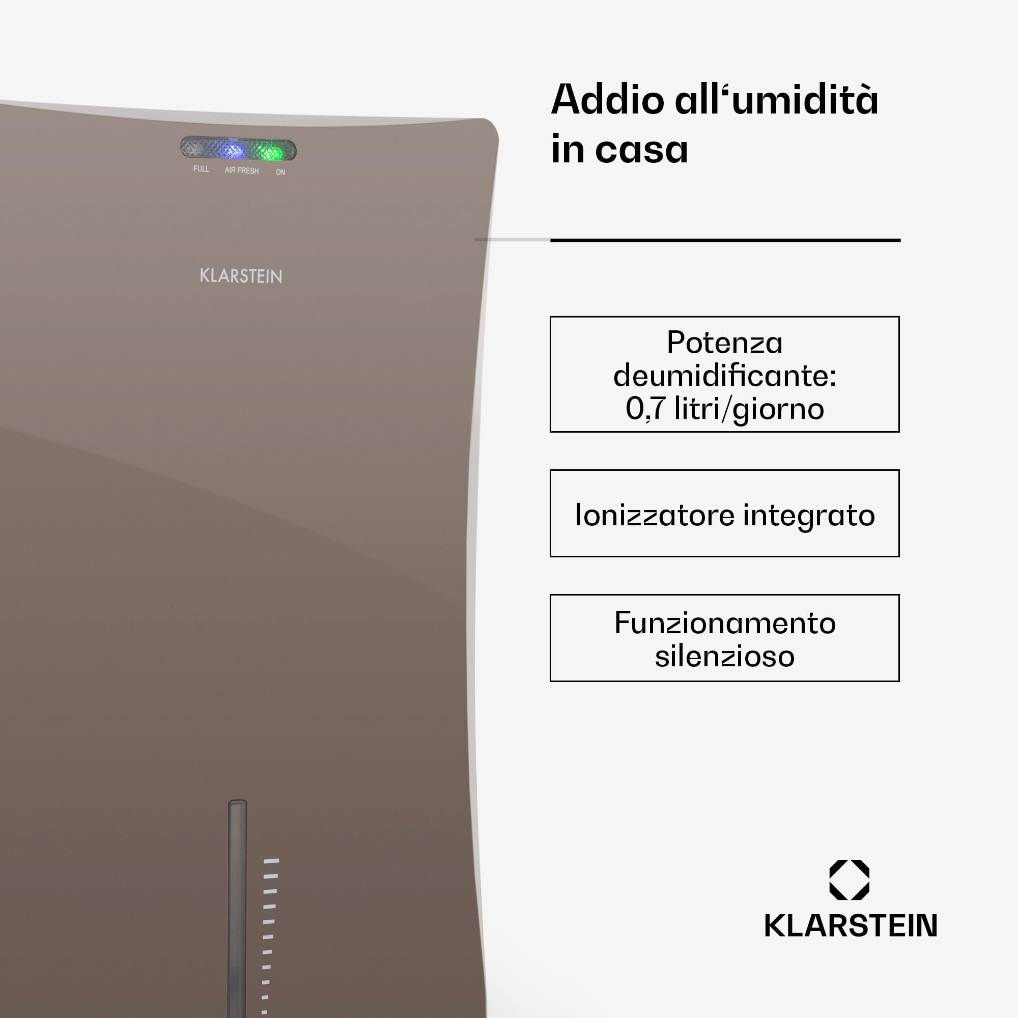 Klarstein Drybest 2000 2G Deumidificatore - Deumidificatore d'ambiente 700 ml/giorno, 70 W di potenza, serbatoio acqua 2 L, spegnimento automatico, LED di funzionamento, silenzioso, grigio