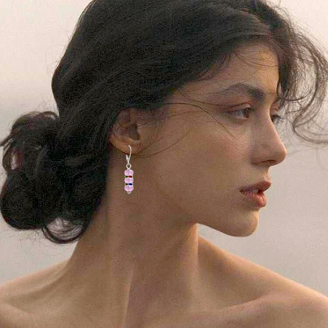 Silver Real Stone Dish Bead Drop Earrings,Natural Quartz Crystal Gemstone Dangle Earrings Beading Jewelry for Women - Image 4