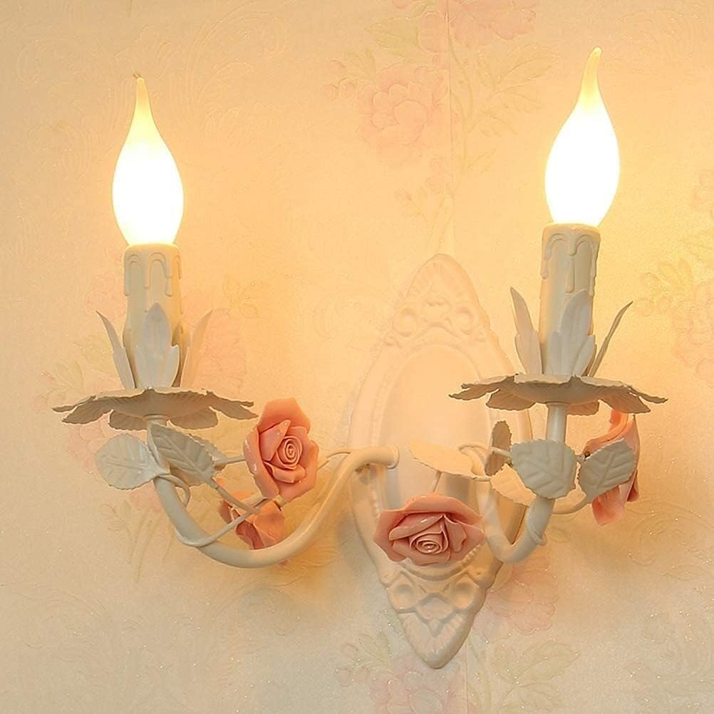 Modern Light Luxury French Country Wall Sconce Light 2 Double Pink Rose Flower Wall Lights for Bedroom Antique White Nordic Modern Bedside Wall Lamp for Headboard Kids Girls Room Porch