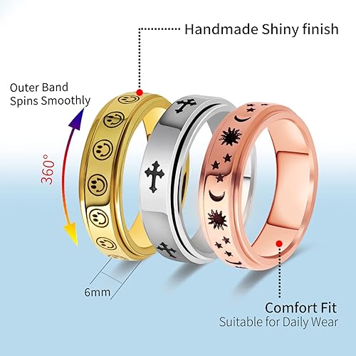 Miniatura 3 de Anillo giratorio para mujeres con ansiedad  Anillos giratorios de acero inoxidable de 0.236in para mujer, alivio del estrés, anillo de ansiedad para