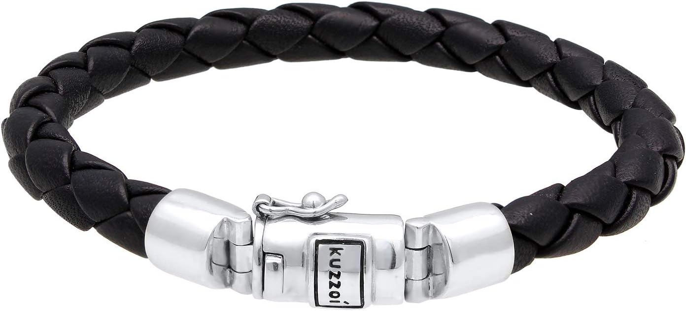 kuzzoi Men Bracelet Leather Braided Black Solide with Clasp Made of 925 Sterling Silver, Length 7,48 inch - 9,05 inch, Width 0,39 inch, 0.71 oz