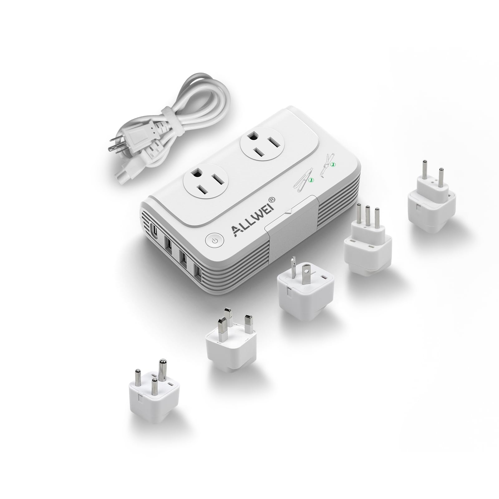 ALLWEI Power Voltage Converter 220V to 110V Step Down Travel Voltage Converter for Hair Straightener/Curling Iron, Universal Power Plug Adapter UK, US, AU, EU, IT, India (White)