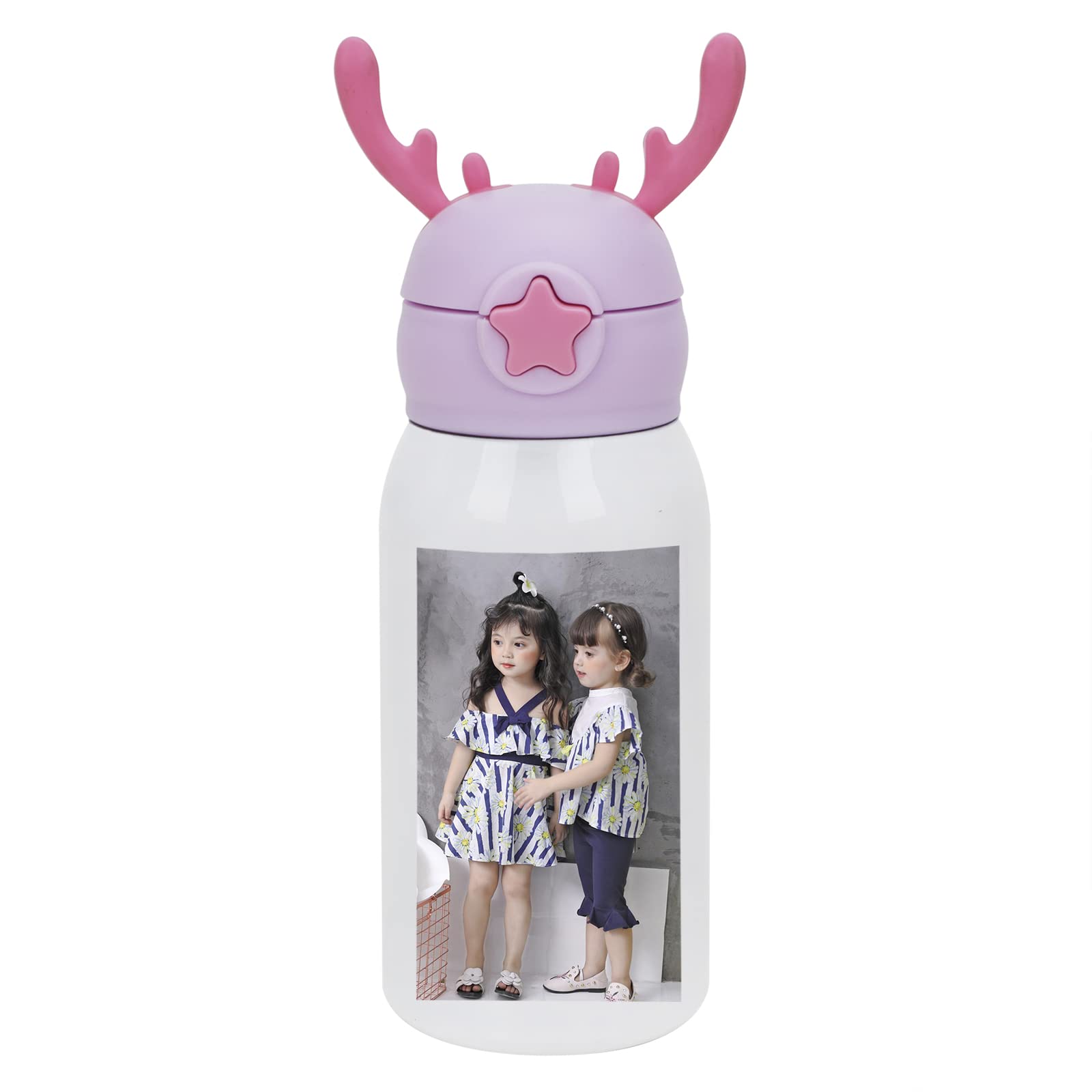 Kids Custom Stainless Steel Water Bottle with Deer Horn 500ml Personalised Vacuum Insulated Straw Bottle Add Your Photo