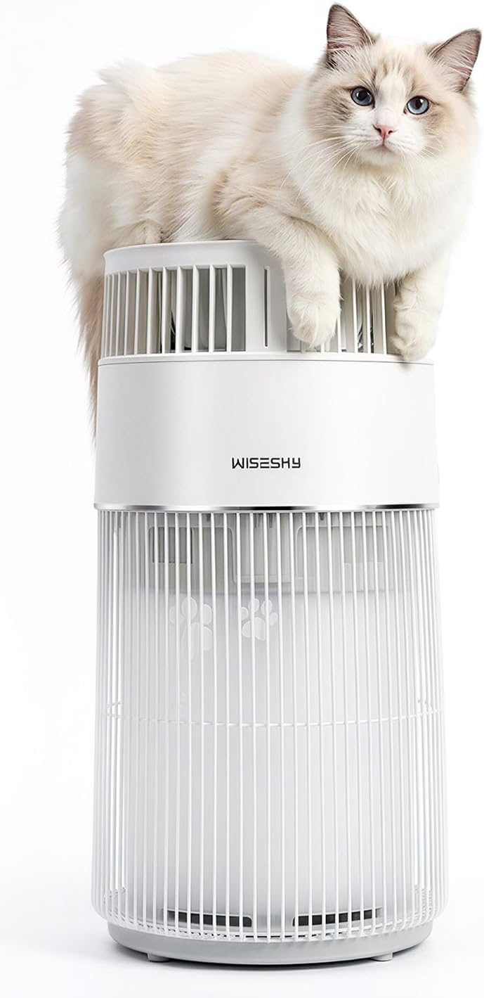 WISESKY Cat Air Purifier for Large Rooms, 5-Stage HEPA Air Cleaner for Cat Hair, Dander & Odors, 360° Air Intake, Quiet Operation, Bite-Resistant Cord & Tip-Over Protection, Smart App Control