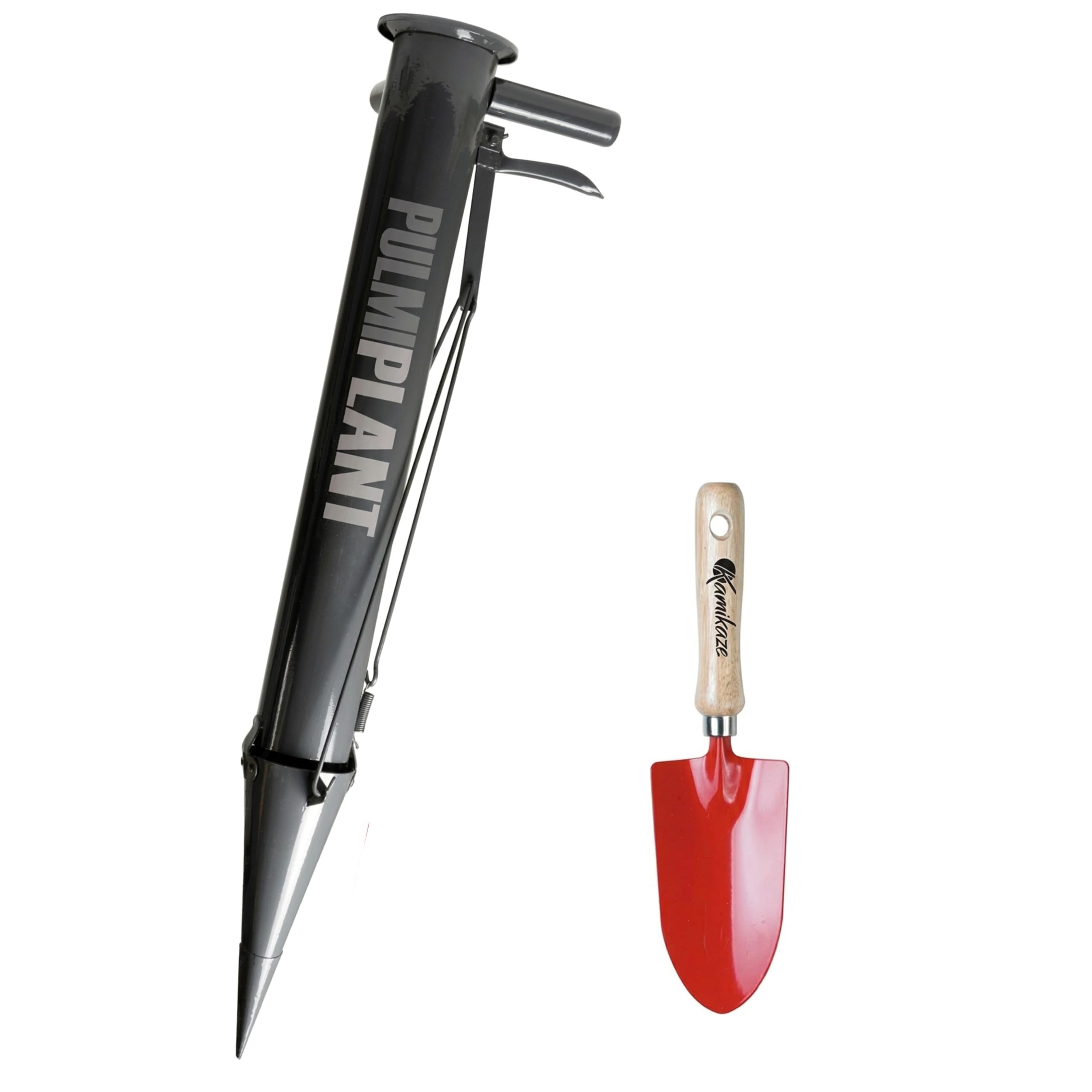 Kamikaze Garden Planting Kit: Manual Planter for Bulbs with Double Handle and Automatic Release + Hand Shovel Excavator with Wooden Handle, Durable Steel with Epoxy Paint
