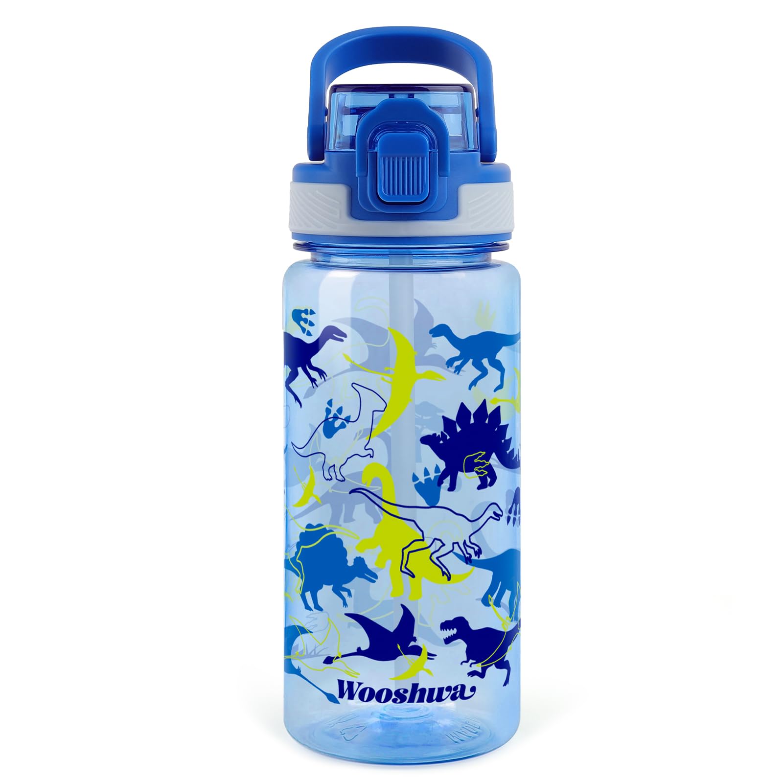 wooshwa Kids Water Bottle with Straw for School, 600ml/20 Oz Plastic Water Bottle with Silicone Spout and Pop-Up Cover, Leakproof & Dishwasher Safe (Dinosaur)
