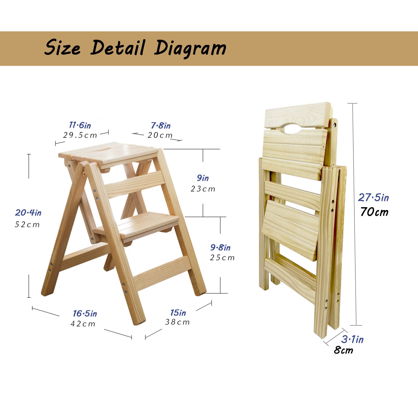 2-Stufen-Hocker für Erwachsene Kinder Holz-Arbeitsplatten-Hocker Klapptrittleiter-Hocker Tragbar 330 lbs Kapazität, einfach zu verstauende Faltbare Regale