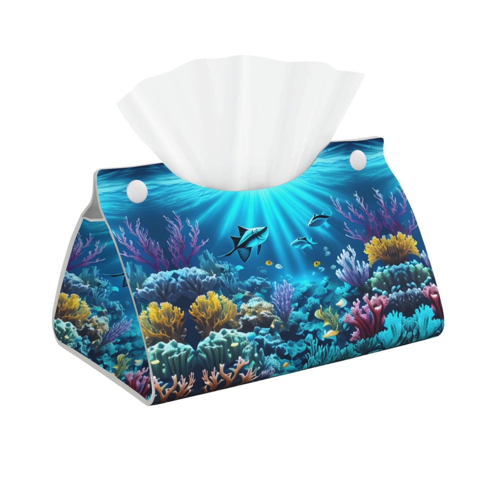 Submarine Coral Rays Print Long Tissue Box Cover Holder Foldable Leather Organizer for Vanity, Nightstand, Desk & Bathroom