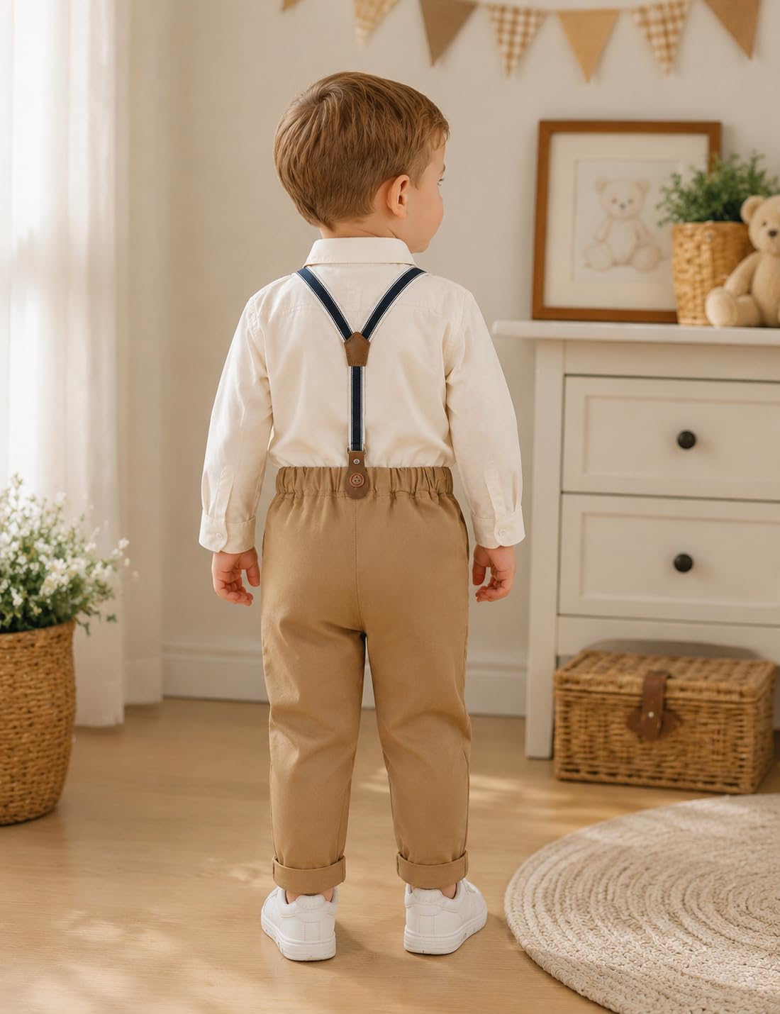 mintgreen Bebé Niño Boda Traje 4pcs Bebé Cumpleaños Traje Manga Larga Camisas Sólidas + Pantalones + Tirantes + Pajarita 1-5 Años