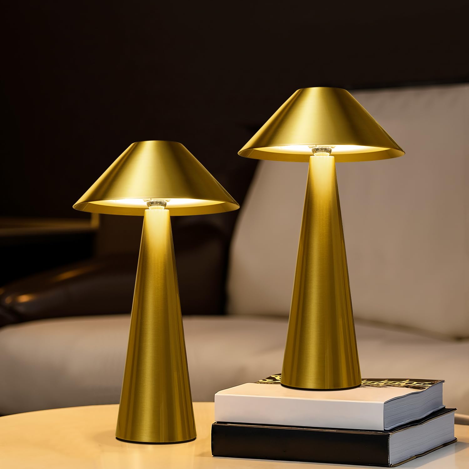 Lalavon Lampara de Mesa LED Inalambrica, Lampara sin Cable Recargable de 4000mAh, Lampara Tactil Regulable 3 Temperaturas de Color 3000K/4000K/6000K, con USB-C Carga, IP54, 2 Piezas(Dorada)
