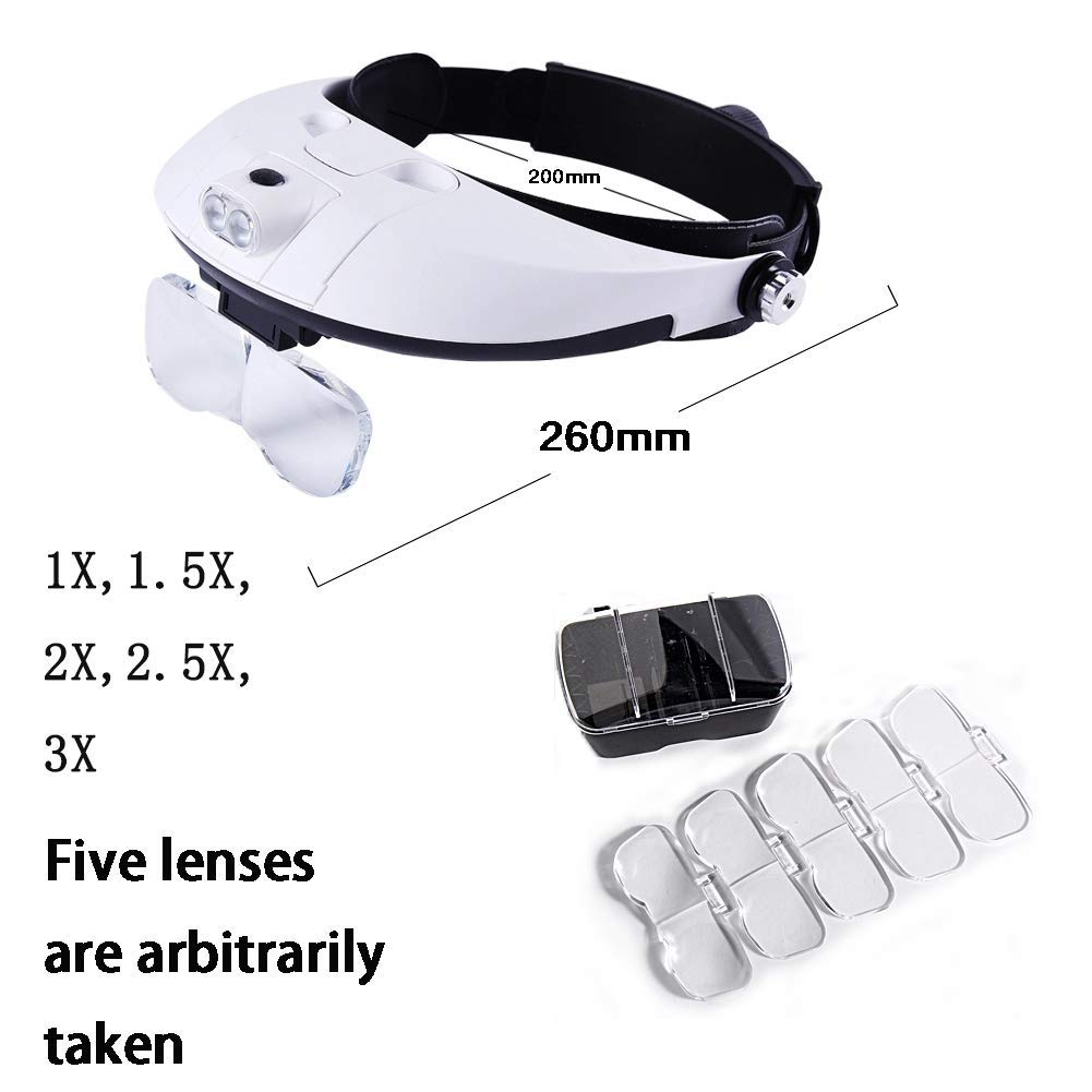 Vergrößerungsglas, Vergrößerungsvisier, Stirnband, Stirnlampe, Kopfmontierte Vergrößerungsglas mit LED-Beleuchtung, 1- bis 3,5-facher Zoom mit 5 abnehmbaren Linsen, Freihändig zum