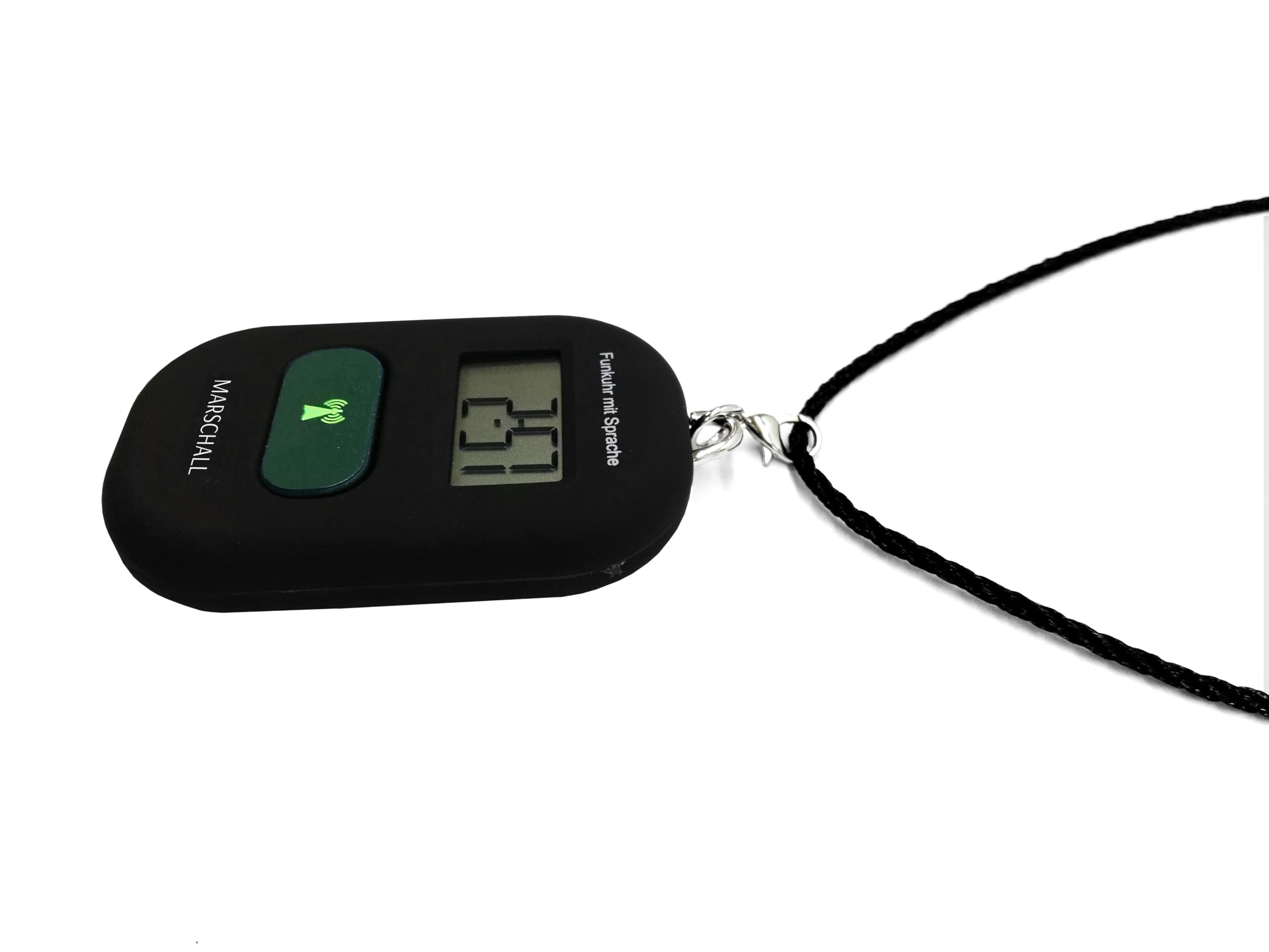 Marschall Schlüsselanhänger Deutsch sprechende Funkuhr I 1117S I Umhängeuhr Schwarz I Extra Laute Sprachausgabe I Großes LCD Display I Perfekt für Senioren, Blinde und Demenzkranke