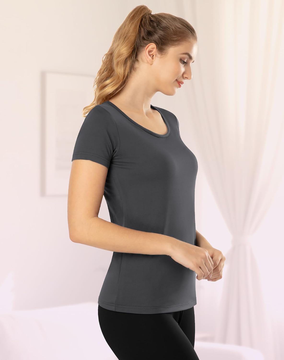 Short Sleeve Thermal Shirt for Women Fleece Lined Top Warm Thermal Undershirt Base Layer